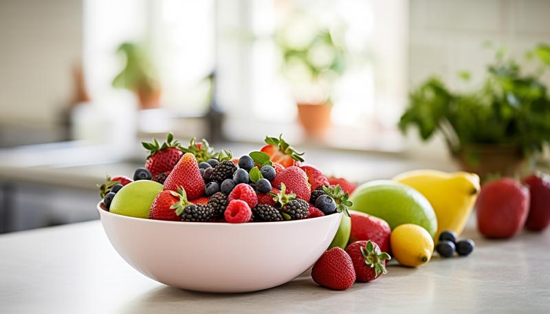 Bowl of fruit on kitchen counter.